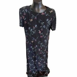 Talbots Black Floral Print Dress Colorful Blooms Short Sleeve‎ Womens Size 16